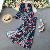 Vacation Beach Two Piece Set Women Sexy V-Neck Bandage Short Tops + High Waist Split Wide Leg Pant Suit Spring