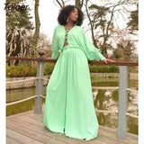 Green Long Sleeve Lantem Sleeve Bandage Cross Lace Up Hollow Out Blouse Shirt Top Wide Leg Pants Two Piece Set