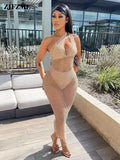 Hollow See Through Beach Maxi Dress for Women Sexy One Shoulder Backless Bandage Bikini Cover Up Sleeveless Boho