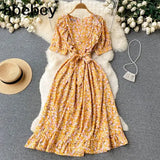 Ruffles Boho 2022 O Neck Summer floral print long split Dress Party Women high waist dress beach holiday tunic