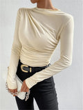 Solid Color Trim Bottom Shirt Folding Design Long-Sleeved T-Shirt Lady