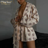Fashion Loose Print 2 Piece Sets Womens Outfits Casual Lace-Up Long Sleeve Robes With High Waist Shorts Set