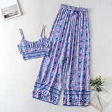 Boho Vintage Pattern Print Women 2 Piece Set Spring 2023 Midriff Baring Wide Leg Pant Retro Chic Beach Vacation Women