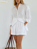 Fashion Purple Women'S Suit Autumn Elegant Loose High Waist Office Shorts Set Female Casual Lapel Blouses Two Piece