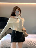 Winter Off Shoulder Elegant Knitted Sweater Women Slim Tassels Pullover Office Lady Korean Fashion Y2k Crop Tops