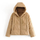 Aachoae Women Fashion Thick Warm PU Faux Leather Padded Jacket Coat Long Sleeve Hooded Parka Coat Female Elegant Outerwear