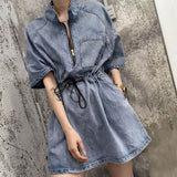 VAREY LIN 2022 New Spring Summer Women Casual Denim Dress Fashion Zipper Stand Collar Drawstring Adjustable Waist Denim