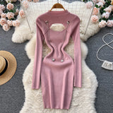 Hollow Out Sexy Sweater Dress Temperamant Fashion Chain Long Sleeve Slim Ladies Autumn Korean Elastic Knitted