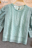 Women Blouses O-neck Puff Sleeve Crochet Floral Shirts Chic Hollow Out Blouse Lace Sweet Temperament Tops