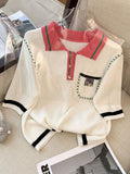 Summer Fashion Knit Sweater Women's Short Sleeve Polo Collar Casual Pullover Tops Korean Style Knitting Jumper Knitwear