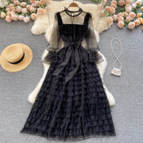 Elegant French Evening Dress Women Sweet Mesh Dot Long Sleeve Lace A-line Dresses New Autumn Streetwear Long