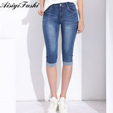 Women'S Pants High Waist Jeans Plus Size Feminino Pants Capri Leggings Women Plus Size Capris Jeans Stretch Denim Knee