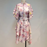 TWOTWINSTYLE Print Hit Color Women's Dress Stand Collar Flare Sleeve High Waist Asymmetrical Dresses Female 2021 Fashion