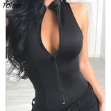 Women Fashion Elegant Solid Zipper Design Fit Turn-down Collar Casual Sexy Bodysuit Female Zipper Front Sleeveless