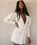 Fashion White Puff Long Sleeve Button Up Midi