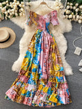 Bohemian Women Tie Dye Printed Long Dress Sexy Autumn 2021 Female V-Neck Short Sleeve High Waist Vacation Beach Ruffle
