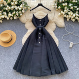 Luxury Thousand Gold Wind High-End Sling Dress Women's Summer Folding Waist Thin Design Geese Temperament