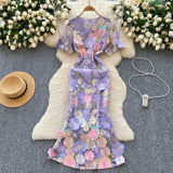 High-End Elegant Heavy Industry Flower Embroidery Round Collar Lantern Sleeves To Close The Waist Slim Slimmed Fishtail Dress