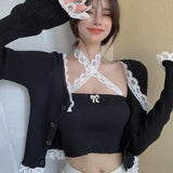 Lace Knit Cardigan Women's Summer Design French Bow Black Cardigan
