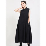 Women Khaki Split Pleated Long Dress New Stand Collar Sleeveless Loose Fit Fashion Tide Spring Summer 2023