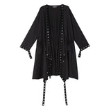 Loose Fit Black Hollow Out Ribbon Pleated Big Size Jacket New V-collar Long Sleeve Women Coat Fashion Spring 2022