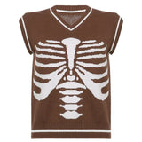 Harajuku V Neck Vintage Oversized Sweater Women Autumn Sleeveless Brown Knitted Vest Top Casual Y2K Aesthetic