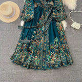 Court Lantern Long Sleeve V-Neck Belt With A Word Print Dress Elegant Swing Dress