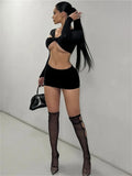 Fall Sexy Solid Hollow Out 2 Two Piece Sets Club Outfit For Women 2023 Long Sleeve V Neck Crop Top And Skirt Sets