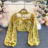 Women Boho Floral Blouse Korean Retro Square-Collar Puff Sleeve Slim Tops Spring Sexy Streetwear Print Short