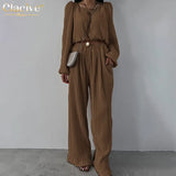 Sexy Beige Crop Shirts Womens Two Peice Sets Casual Loose Pleated Pants Set Female Summer High Waist Wide Trouser