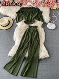 Summer Green/Black/Red Two Piece Set Women Sexy Slash Neck Short Tops + High Waist Wide Leg Pants Female Suit New