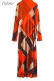 MODA 2023 Fall Sexy Women Fashion Printed Midi Dress Ladies Vintage High Neck Long Sleeve Female Chic Outwear Vestidos