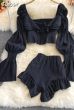 Two Piece Set Women 2023 Summer New High Street Fashion Sexy French Outfits Navel Blouses + Solid Wild Ruffles