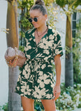 Printed Casual Turn-down Collar Short Sleeves Floral Print Belted Loose
