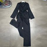 Blue Three Piece Sets For Women Sexy Camis Notched Long Sleeve Belt Shirt High Waist Pants Slim Sets Female