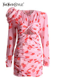 TWOTWINSTYLE Cut Out Ruched Patchwork Floral Dress For Women V Neck Long Sleeve High Waist Print Mini Dresses Female Clothes
