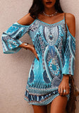 Blue Casual Off-the-shoulder Full Sleeves Floral Print Straps Midi Loose Holiday Smock