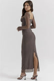 Sheer Long Sleeve Bodycon Maxi Dress-Outfit