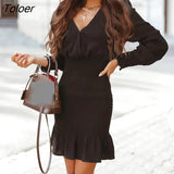 Puff Sleeve Short Dress Woman Fashion Black V Neck Slim Ruffle Dress Casual Ruched Spring Autumn Dresses For Women