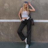 Women Zip Up Folds Low Waist Straight Pants y2k Clothes Korean Fashion Dark Blue Cargo Pants Joggers Straight