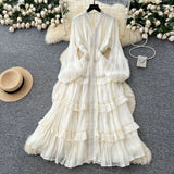 Elegant Temperament Dress Female Heavy Industry Hot Diamond Lace To Receive Waist Thin Lantern Sleeves Side