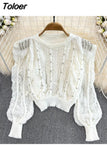 Autumn Women Long-sleeved Knitwear With Diamond Hollow Korean Fashion Round Neck Casual Loose Pullover Ladies Knit