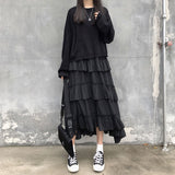 Black Long Skirts Women Gothic High Low Ruched Ruffle High Waist Asymmetrical Midi Skirt Korean Fashion Fairy