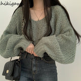 Sweaters for Women 2023 Pull Femme Y2k Clothes O-neck Lantern Sleeve Casual Jumper Knitted Korean Cropped