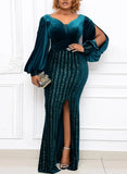 Plus Size Green Velvet Sequins V Neck Puff Sleeve Slit Formal Evening