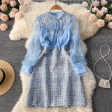 Chiffon Splice Midi Dress Summer Women 2022 Zipper Beading Long Sleeves Ladies Sexy A Line Elegant Slim