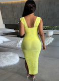 Vintage Off-the-shoulder Short Sleeves Solid Ruched Slit Pencil Midi