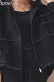 Korean Denim Jacket Female Hooded Long Sleeve Pockets Asymmetric Frayed Coat Women 2023 Casual Fashion