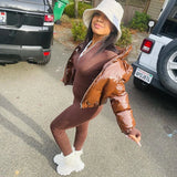 PU Latex Leather Cropped Puffer Jacket for Women Winter Clothes Warm Parka Fashion Short Outwear Bubble Coats