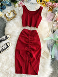 2020 Summer Women 2pcs Set Black/Red Vintage Round Neck Knitted Short Tops + Drawstring Bodycon Skirt Female Two Piece Set